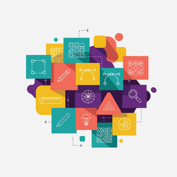 Colorful graphic design elements on square tiles with shadows
