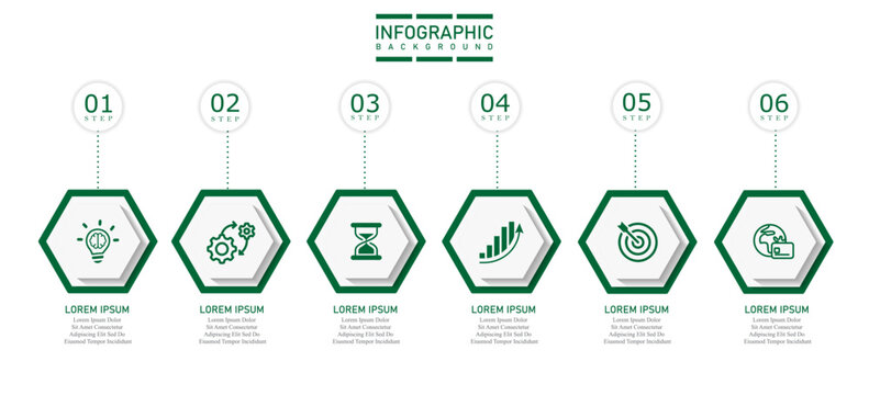 6 steps infographic template with hexagonal shapes, abstract modern layout, data visualization elements, presentation background, business workflow chart, colorful minimal design vector illustration