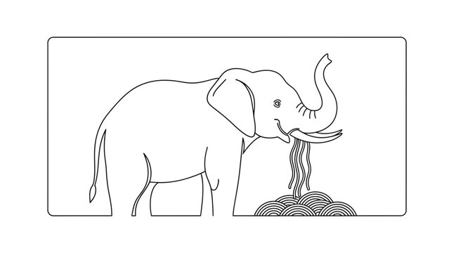 Elephant spraying hay from trunk onto pile, line art illustration