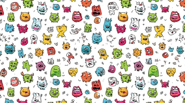 Seamless cartoon pattern featuring colorful playful monsters and creatures