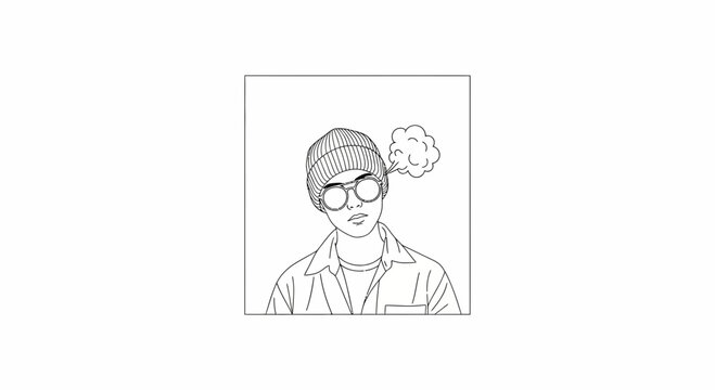 Young Man Wearing Beanie and Glasses, Thinking, Exhaling Smoke or Steam