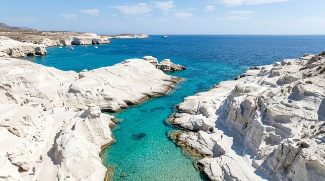 Aerial view of Sarakiniko beach with white volcanic rocks and blue sea