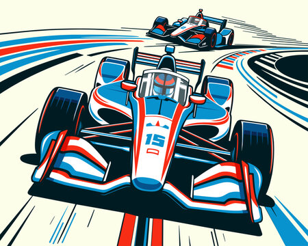 Indy car bolides going fast turning at the corner