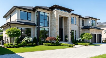 Fototapeta premium A grand luxury mansion featuring a blend of stone masonry and modern glass windows, set against a pristine lawn with expert topiary landscaping and a wide paved driveway.