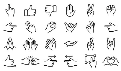 A set of various hand gestures illustrated in a minimalist line art style © Lupna
