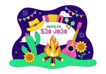 Fototapeta premium Sao Joao Festival Vector Illustration With Bonfire, Guitar, Dance, and Traditional Festa Junina Celebration Night Party Design
