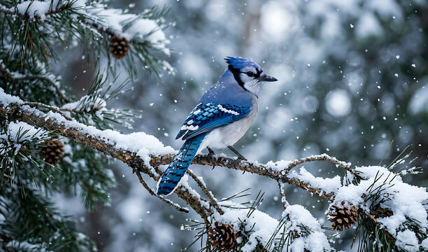 Vibrant Blue Jay Perched on Snowy Branch in Winter