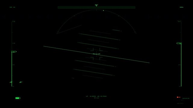 Military aircraft head up display interface with digital navigation data and radar tracking indicators in green color.