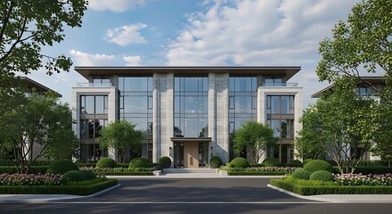 Fototapeta premium A grand multi-story luxury residence features a glass-heavy facade and concrete pillars, surrounded by lush gardens, spherical topiaries, and a spacious paved entrance.