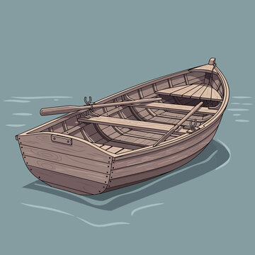 Wooden rowboat floating on calm water, vintage style
