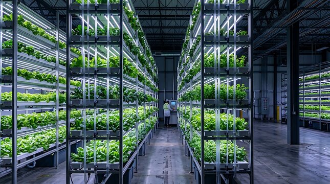 Indoor Vertical Farm with Green Lettuce Growing Under Led Lights in Modern Controlled Environment