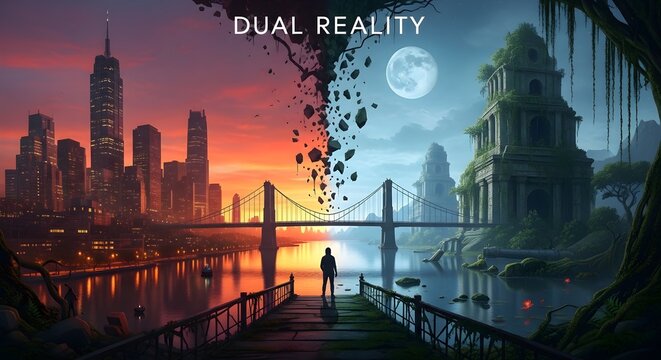 Dual reality concept image with split cityscapes and silhouette figure
