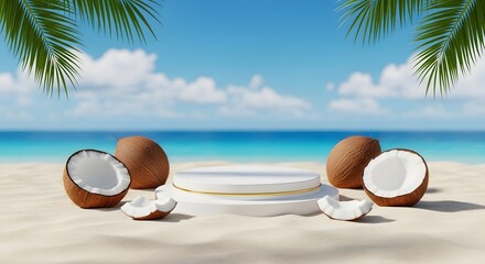 Obraz premium Tropical Beach Sand Podium Display Coconuts Palm Fronds Ocean Sky Background