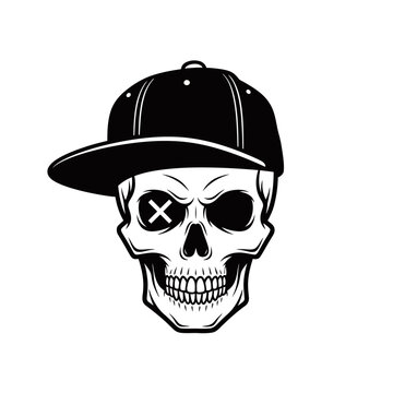 A black and white illustration of a skull wearing a backward baseball cap, with an 'X' over one eye socket.