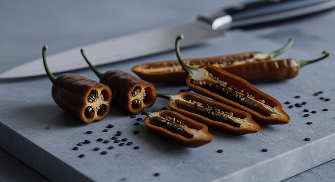 A close-up view of fresh sliced chile pasilla peppers with scattered seeds and a professional chef knife on a textured gray cutting board background