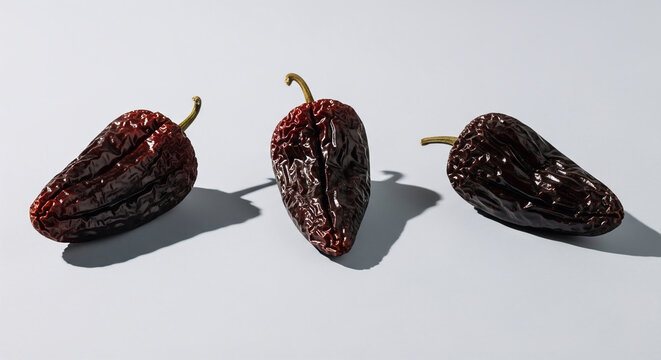 Three dried chile pasilla peppers arranged in a row against a clean light grey studio background for culinary and food photography concepts