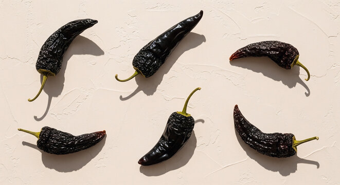 A top down view of dried chile pasilla peppers arranged creatively on a textured light beige surface, highlighting the culinary ingredient for recipes.