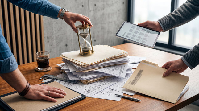 Close-up of multiple hands working on a cluttered office desk with documents, hourglass, and tablet.