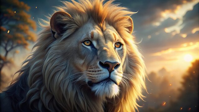 A powerful lion male with bright orange eyes and a bleached face gazing intensely out into the distance