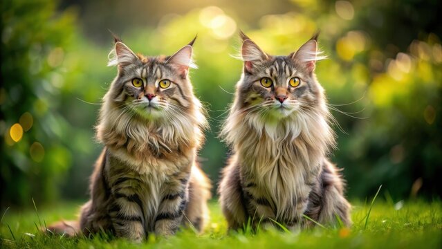 A photo of two adult Maine Coon cats sitting together on green summer grass, their heads tilted slightly towards the camera as they stare at each othe