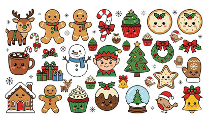 Playful Christmas cartoon characters and sweets vector reindeer gingerbread festive illustration © Romjan