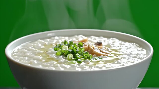Close Up Of A Bowl Of Steaming Rice Porridge Topped With Scallions And Mushrooms Set Against A Vibrant Green Background