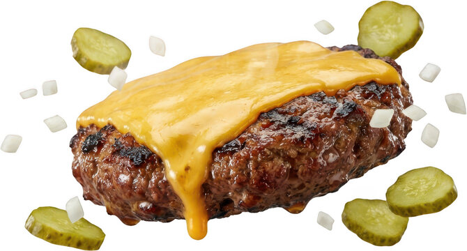 Delicious grilled beef patty topped with melted cheddar cheese surrounded by pickles and diced onions 168 characters burger cheeseburger topping dripping cucumber gherkin