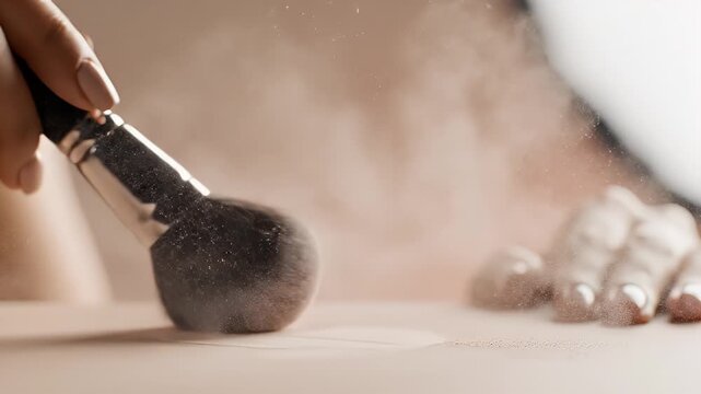Close Up Of A Female Hand Holding A Fan Makeup Brush With Loose Powder Dust Particles Floating In The Air With Soft Lighting And Neutral Background