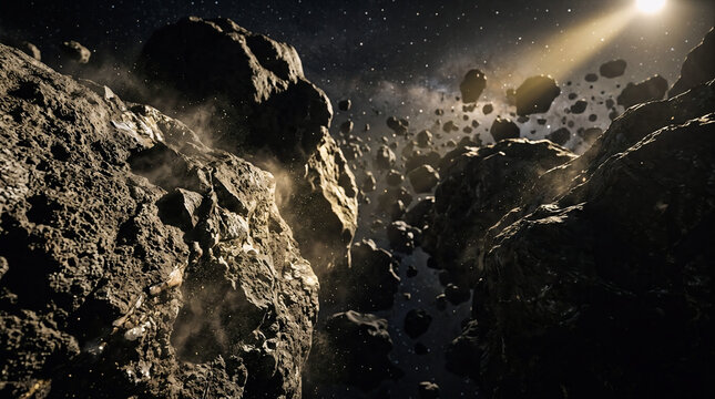A stunning wide shot of a rocky asteroid belt floating in deep space with light from a distant star reflecting off the rugged surfaces of space debris