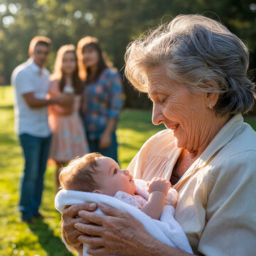 V&iacute;nculo intergeneracional: Abuela mayor abrazando a un beb&eacute; con su familia de fondo.