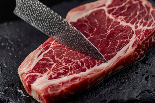 Macro shot of Japanese Yanagiba knife slicing raw Wagyu beef steak with intense marbling on black slate stone background.