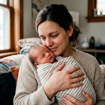 Madre cari&ntilde;osa sosteniendo a su beb&eacute; reci&eacute;n nacido envuelto en una manta en casa.