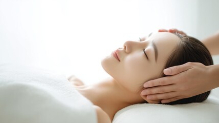 Fototapeta premium Side view of a young asian woman receiving a relaxing head and face massage in a bright spa salon.