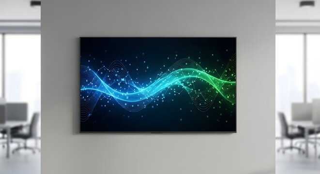 A modern television screen displaying vibrant blue and green digital waveforms in a sleek office environment with several chairs and large windows.