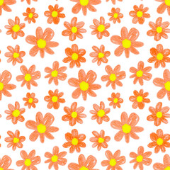 Fototapeta premium Coral Daisy Flower Seamless Pattern White Background, Illustration Floral Repeat, High Resolution