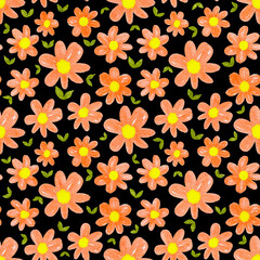 Obraz premium Coral Daisy Flower and Leaf Seamless Pattern Black Background, Illustration Floral Repeat, High Resolution