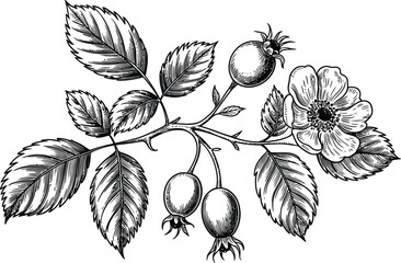 Vintage rose branch with flower and berries, detailed drawing on transparent background. © The king of vectors