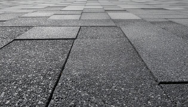 Close-up perspective of dark grey asphalt shingles, showcasing the granular texture and geometric pattern of a modern roof surface, ideal for construction and architectural design backgrounds