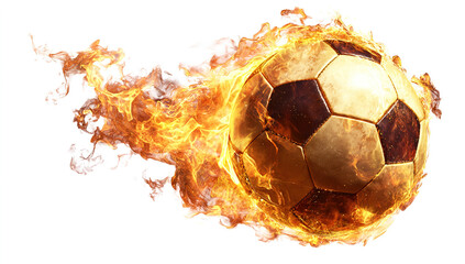 Fototapeta premium A dynamic image of a soccer ball engulfed in bright flames, appearing to blaze through the air at high speed. The fire trails behind the ball, creating a dramatic effect of motion and intensity, with 