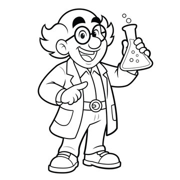 
Cute Scientist Cartoon Character Holding Flask, Chemistry Lab Professor Line Art Coloring Page Illustration, Black and White Outline Isolated on White Background