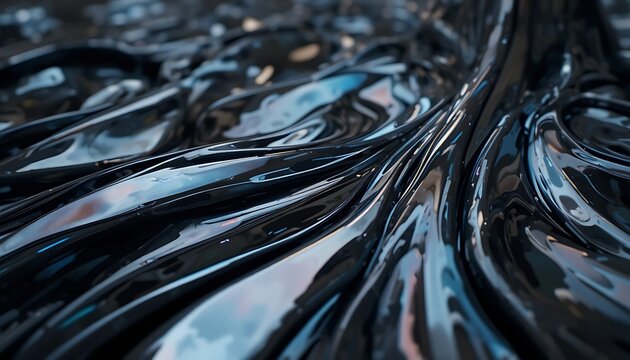 Glossy black liquid ripples and viscous swirls creating a dark abstract texture. Cinematic organic flow of thick oil or molten material with blue sky reflections and realistic shadows.