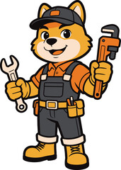 Fototapeta premium A friendly cartoon bear technician mascot in flat vector style, holding tools and wearing a work uniform, designed with bold outlines and clean shapes for repair services and branding use.