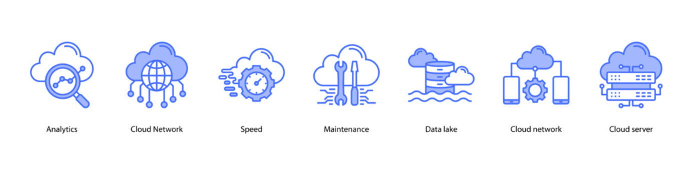 Cloud Infrastructure web banner icon vector illustration featuring Analytics, Cloud Network, Speed, Maintenance, Data Lake, Cloud Network, and Cloud Server.