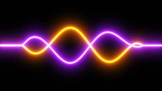 Bright Neon Waves Intertwining And Moving Abstract Video Decoration. Musical Animation Glowing Element In Motion Isolated On Black Background. Digital Sine Pattern For Technology Or Music Visualizer