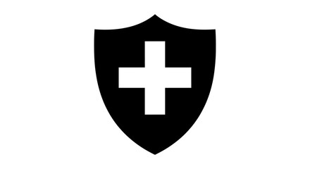 Obraz premium Black shield with white cross icon, symbol of security, protection, health, safety, and healthcare.