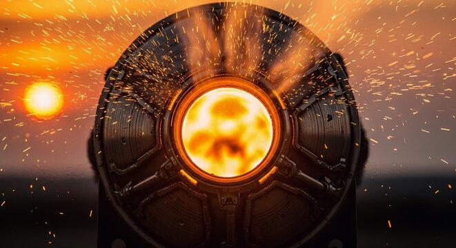 Close Up Bagian Belakang Rudal yang Meluncur dengan Api yang Membara dan Percikan yang Spektakuler