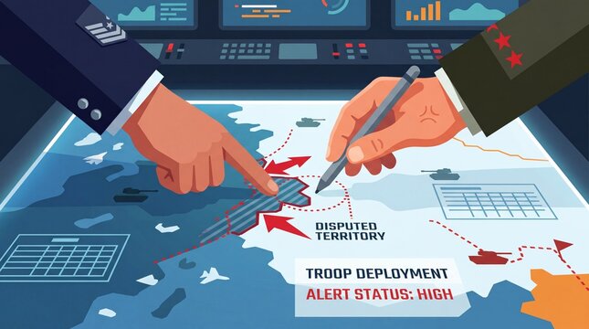 Military officers planning troop deployment on a strategic war map