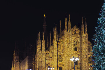 night shot of the Duomo with the Christmas tree in the foreground, Milan, Italy © fruttuoso