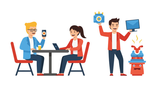 A colorful cartoon illustration of people using devices