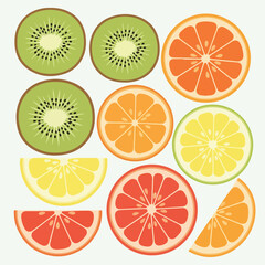 Obraz premium Colorful slices of various fruits arranged on a white background